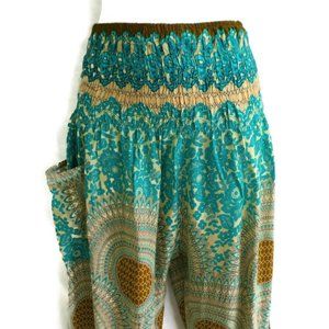 Harem Pants Turquoise Geo Mandalas Smocked Side Media Pocket Lightweight